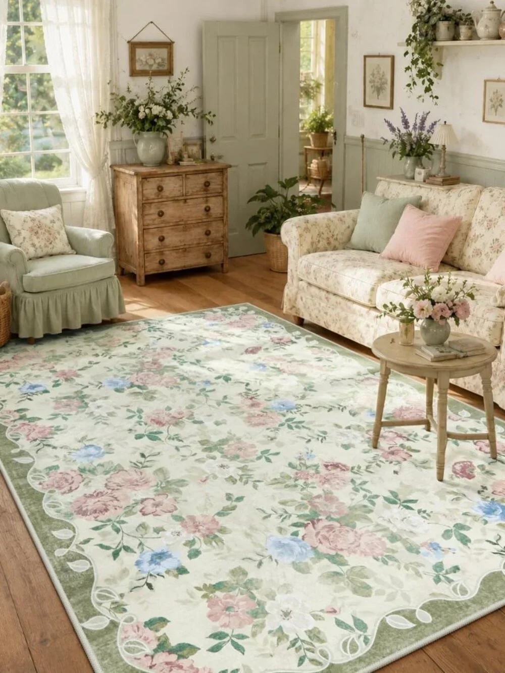 Green Floral Washable Rug 5x7, Boho Area Rug for Bedroom | Vintage Living Room R